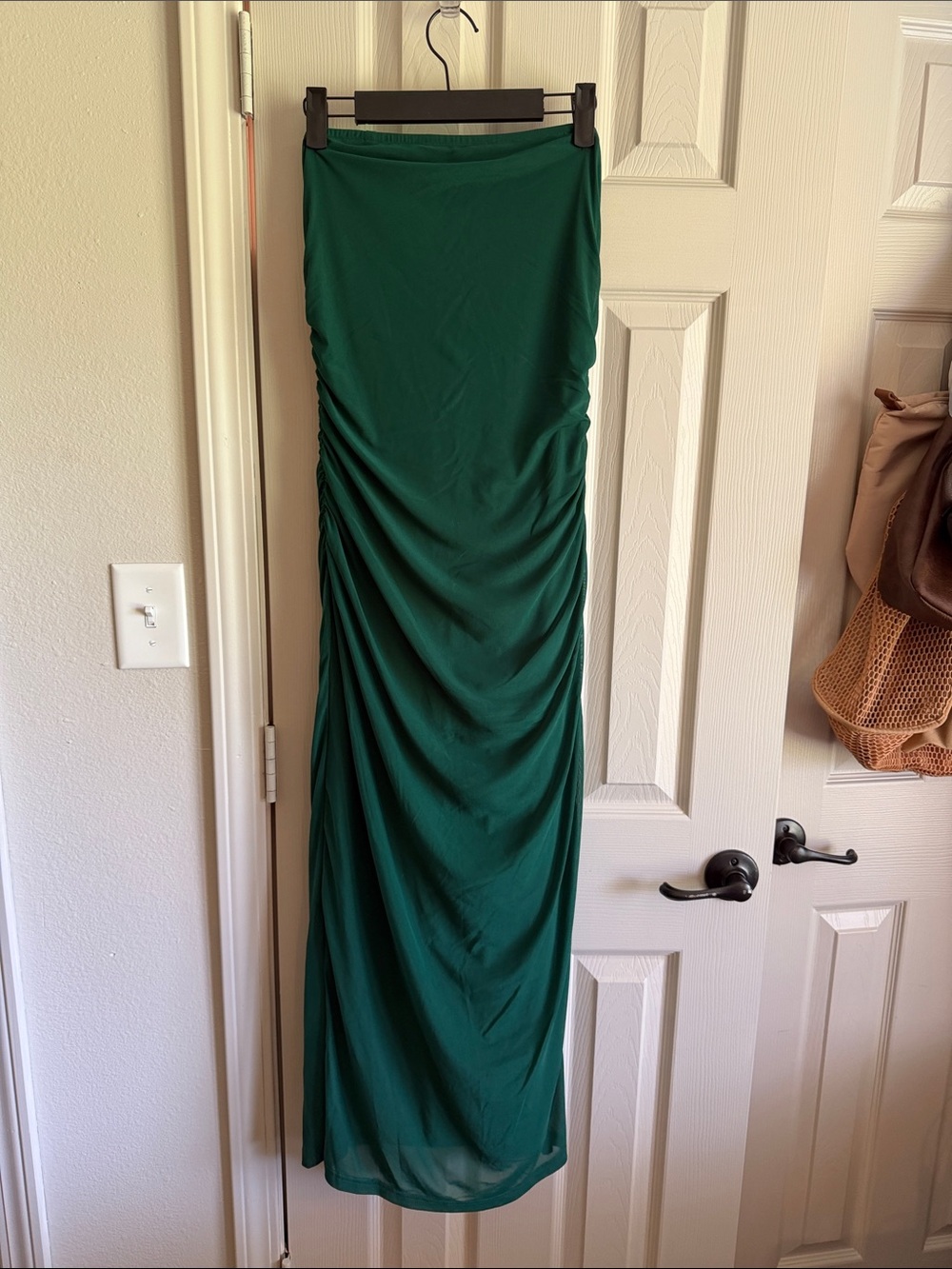 Strapless Emerald Green Ruched Maxi Dress